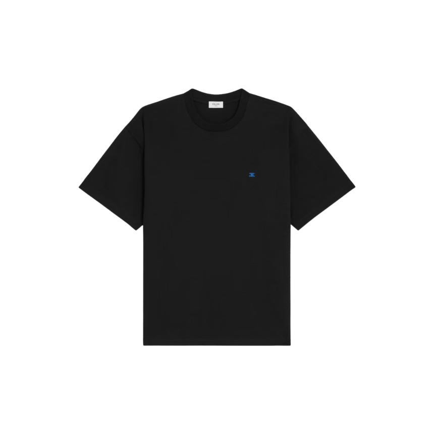 T-shirt CELINE col rond jersey coton blanc broderie logo Triomphe bleu