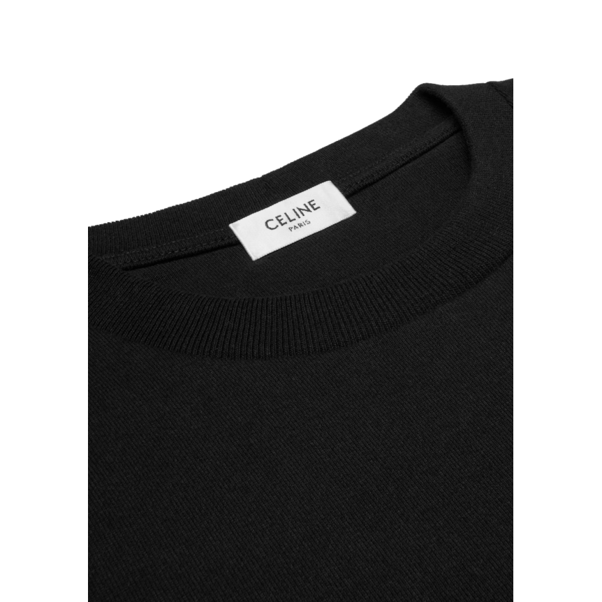 T-shirt CELINE col rond jersey coton blanc broderie logo Triomphe bleu