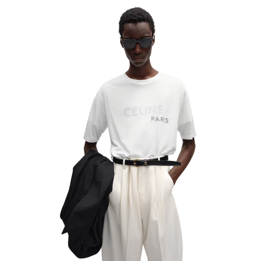 T-shirt col rond coton écru CELINE Paris noir