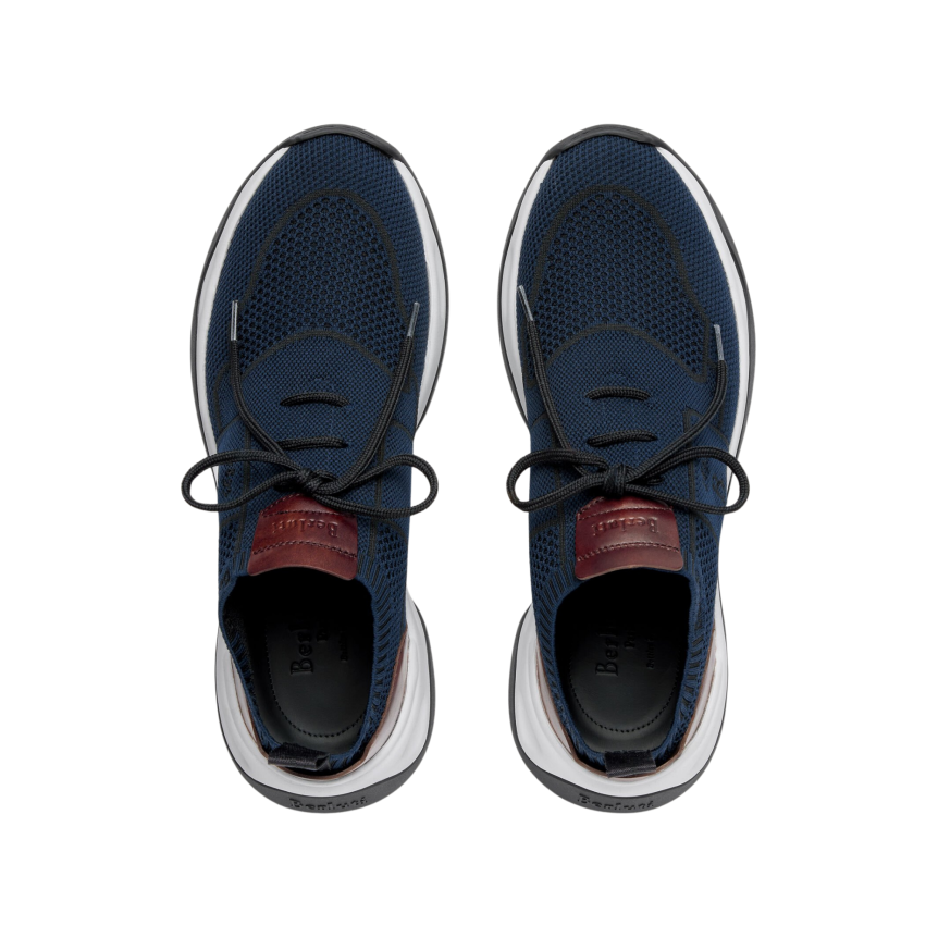 Basket BERLUTI Shadow Lin mesh bleu marine cuir de veau marron