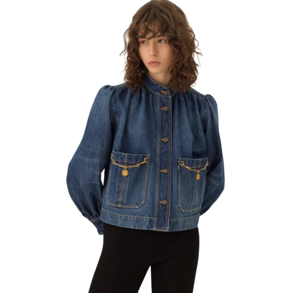 Veste CHLOE denim coton bleu foncé pampilles poche