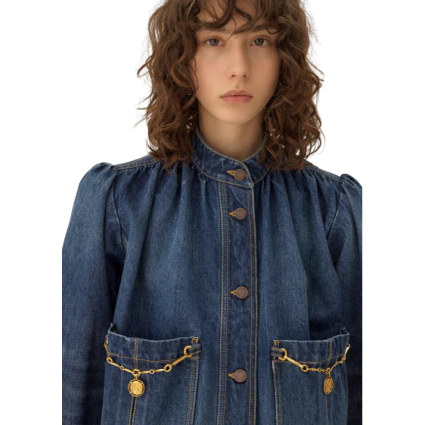 Veste CHLOE denim coton bleu foncé pampilles poche