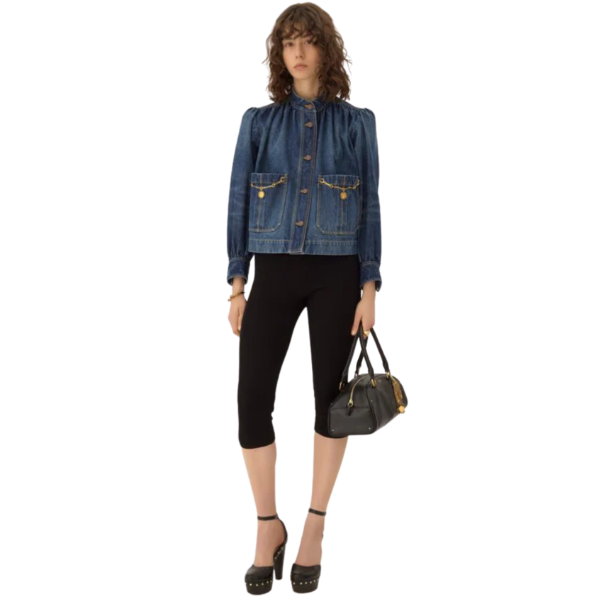 Veste CHLOE denim coton bleu foncé pampilles poche