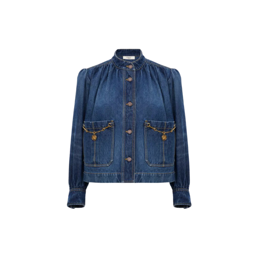 Veste CHLOE denim coton bleu foncé pampilles poche
