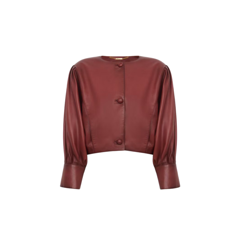 Veste courte CHLOE sans col à boutons cuir marron terracotta