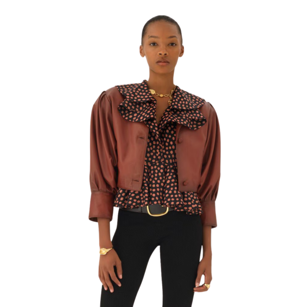 Veste courte CHLOE sans col à boutons cuir marron terracotta