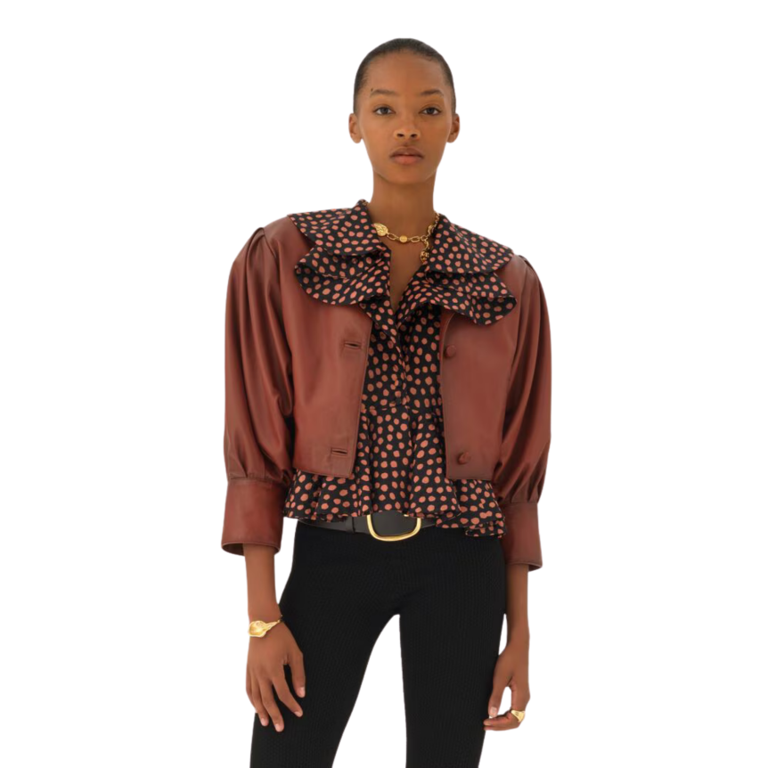 Veste courte CHLOE sans col à boutons cuir marron terracotta
