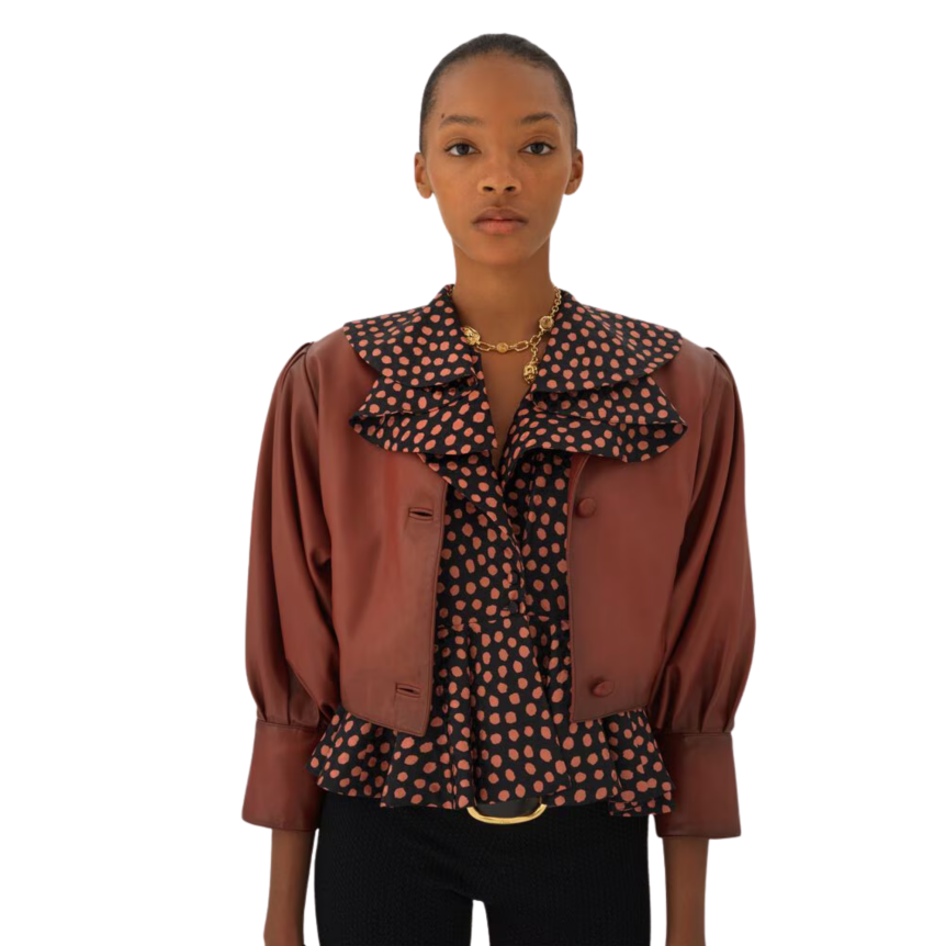 Veste courte CHLOE sans col à boutons cuir marron terracotta