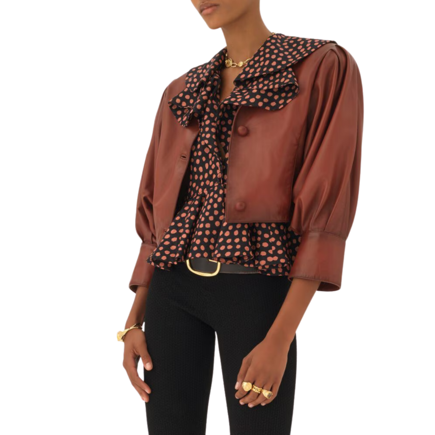 Veste courte CHLOE sans col à boutons cuir marron terracotta