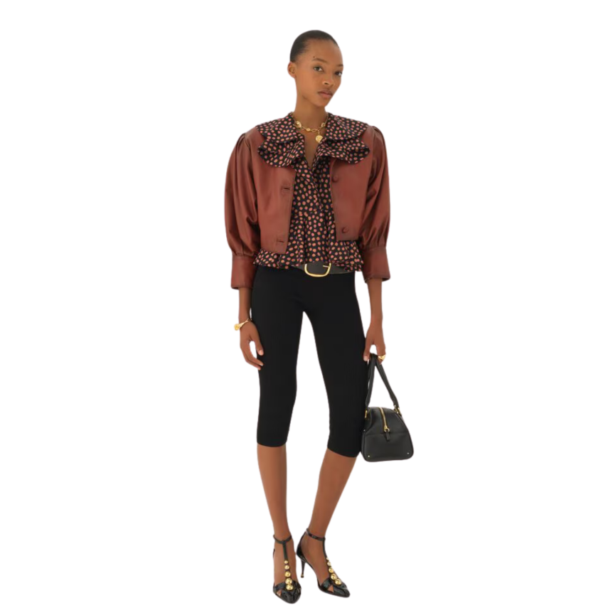 Veste courte CHLOE sans col à boutons cuir marron terracotta