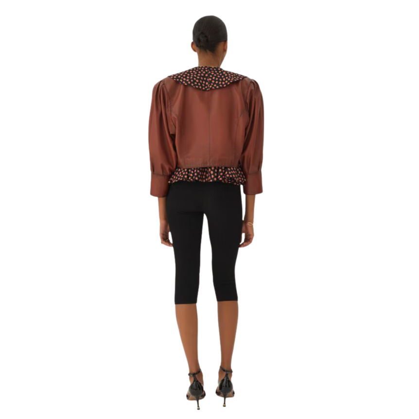 Veste courte CHLOE sans col à boutons cuir marron terracotta