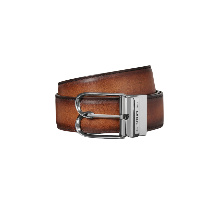 Ceinture BERLUTI B Volute Réversible Cuir de veau Venezia Mogano Nero Grigio