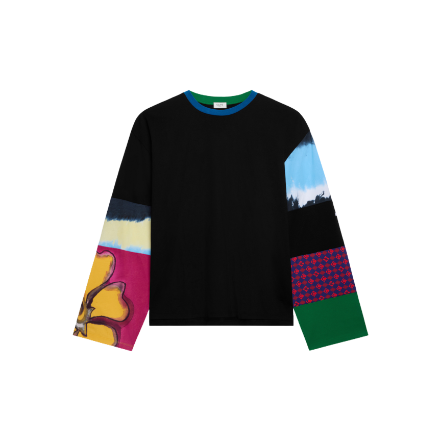 T-shirt col rond coton noir manche longue multicolore