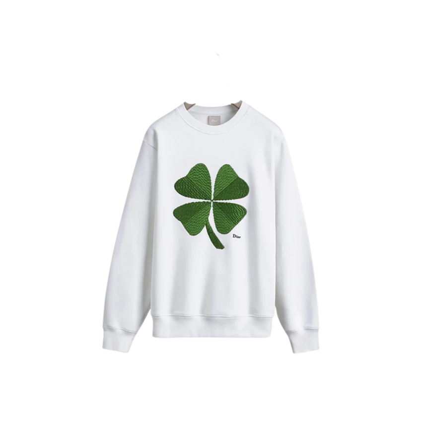Sweatshirt relax DIOR molleton de coton blanc broderie Clover trefle vert