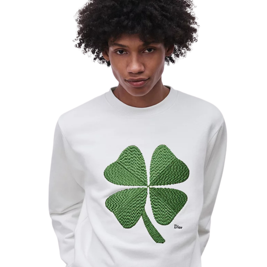 Sweatshirt relax DIOR molleton de coton blanc broderie Clover trefle vert
