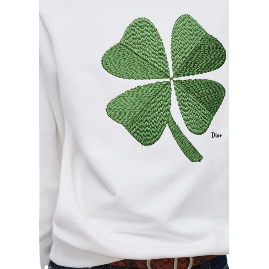 Sweatshirt relax DIOR molleton de coton blanc broderie Clover trefle vert