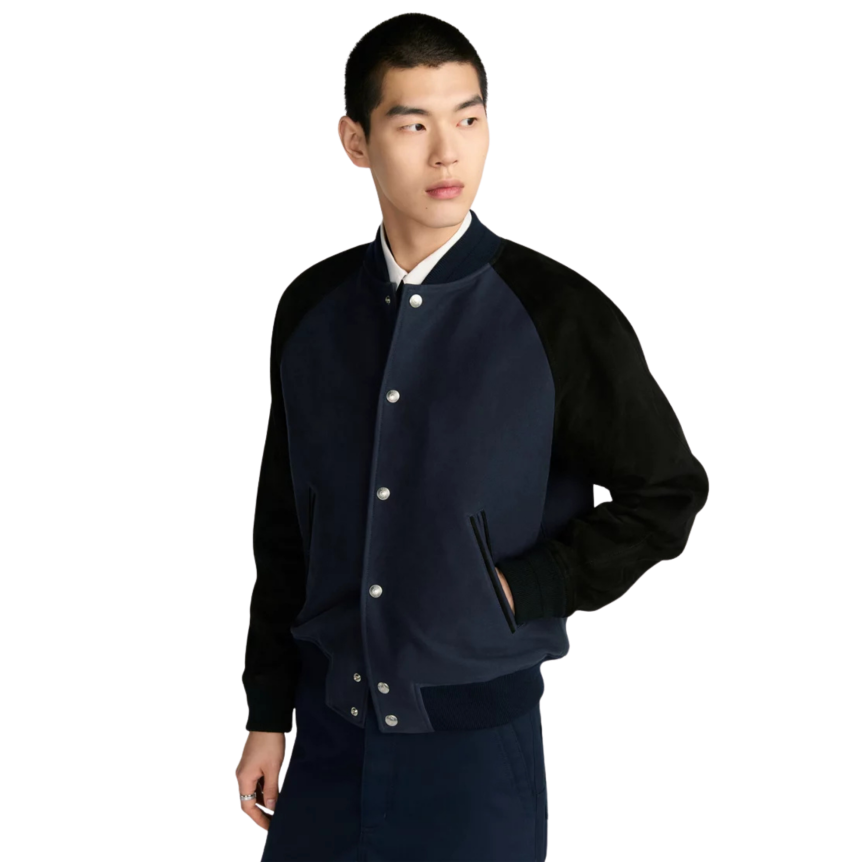 Blouson teddy Varsity Dior Ribbon Cuir agneau suédé et toile de coton bleus