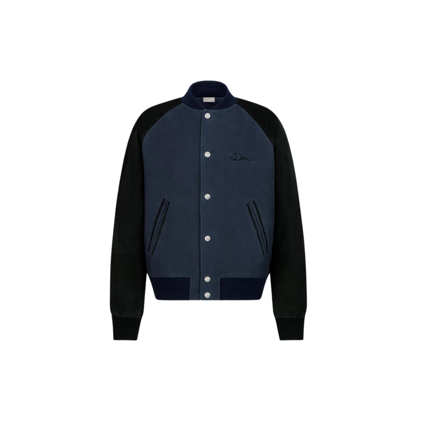 Blouson teddy Varsity Dior Ribbon Cuir agneau suédé et toile de coton bleus