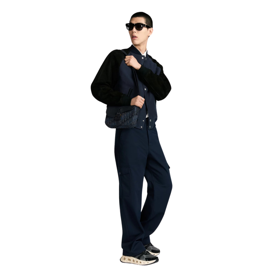 Blouson teddy Varsity Dior Ribbon Cuir agneau suédé et toile de coton bleus