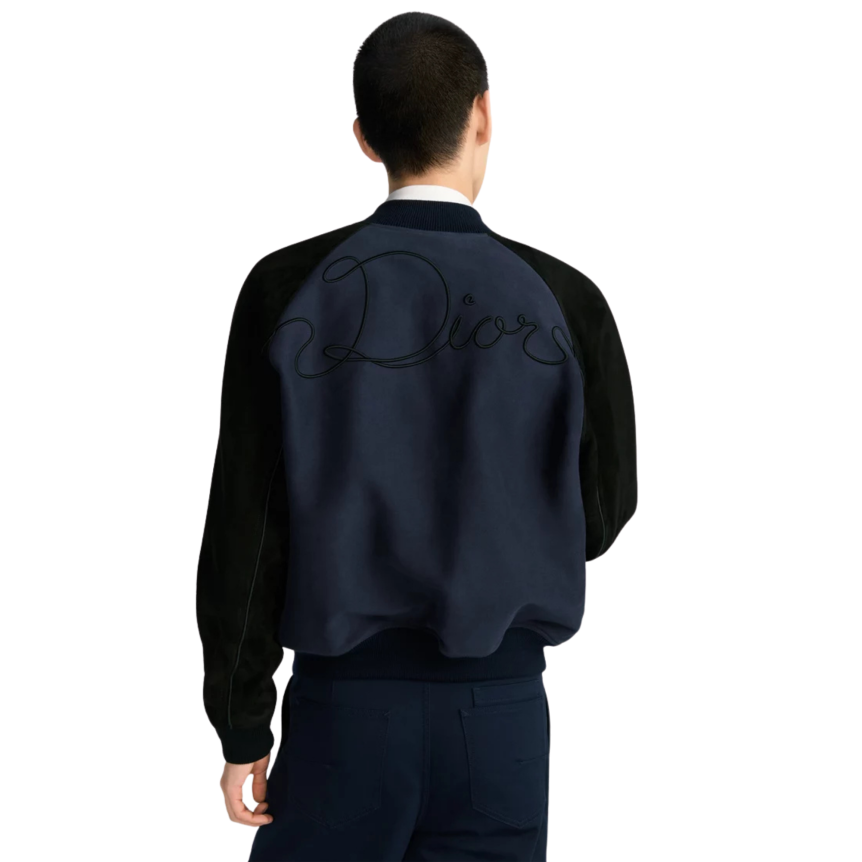 Blouson teddy Varsity Dior Ribbon Cuir agneau suédé et toile de coton bleus