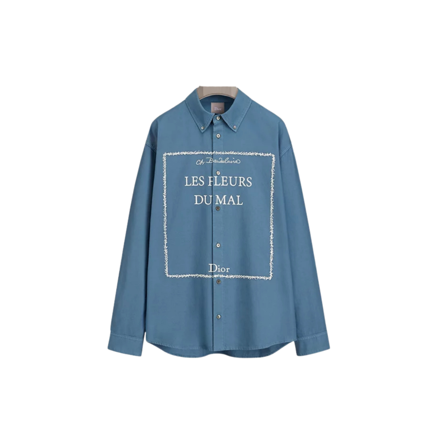 Surchemise DIOR toile de coton bleu broderie Couverture du livre Fleurs du mal blanc