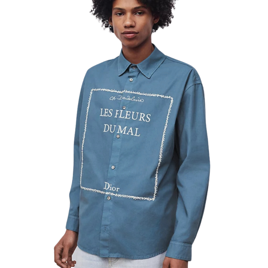 Surchemise DIOR toile de coton bleu broderie Couverture du livre Fleurs du mal blanc