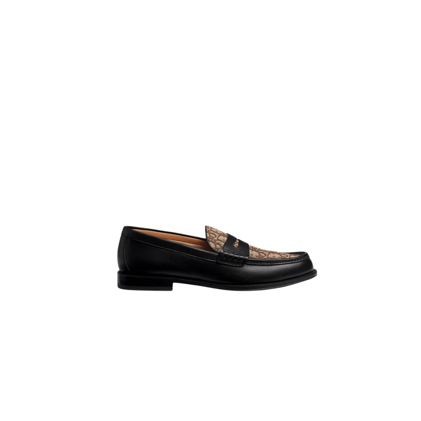 Mocassin DIOR Granville Cuir veau lisse noir et toile jacquard Dior Oblique marron