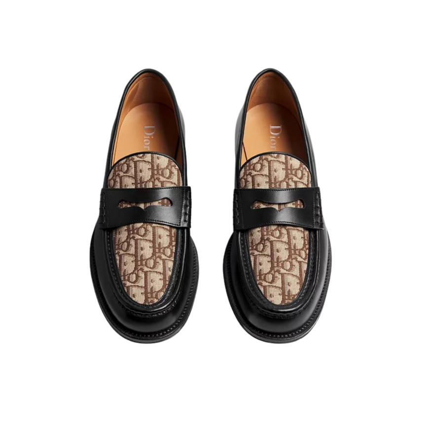 Mocassin DIOR Granville Cuir veau lisse noir et toile jacquard Dior Oblique marron