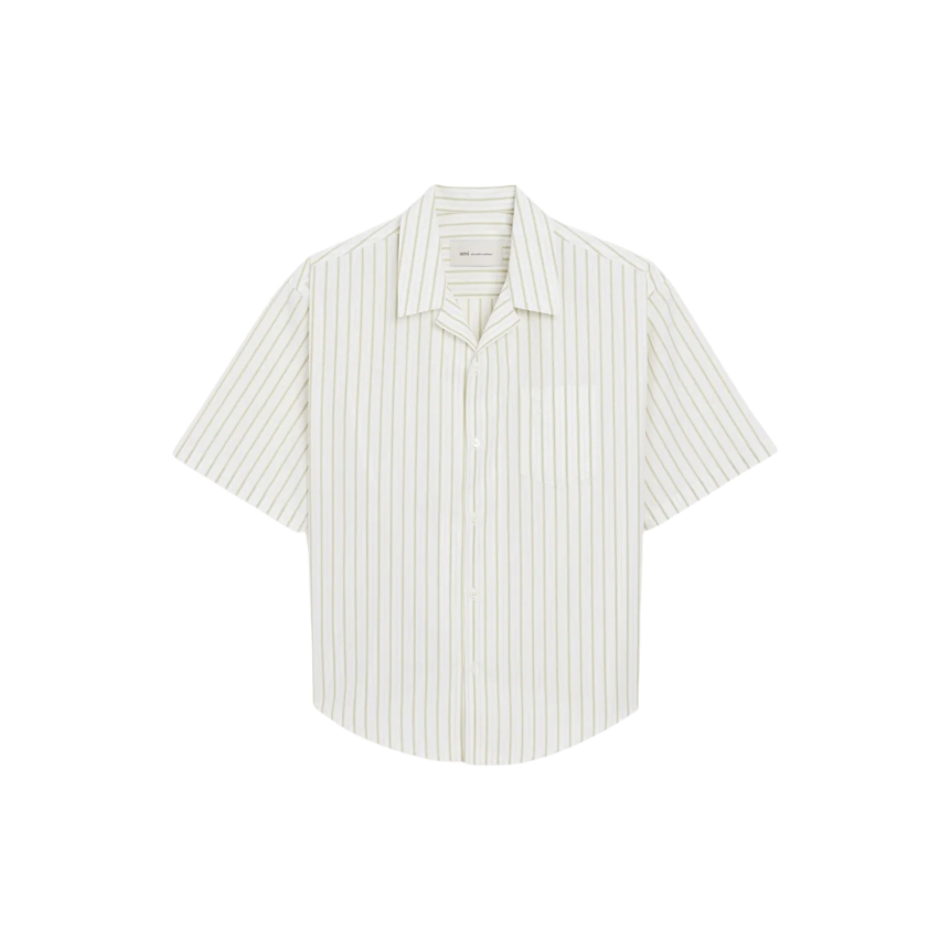 Chemise bowling AMI Paris coton blanc rayures kaki