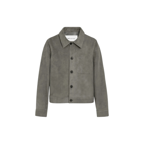 Veste boutonnée AMI Paris cuir daim gris logo coeur