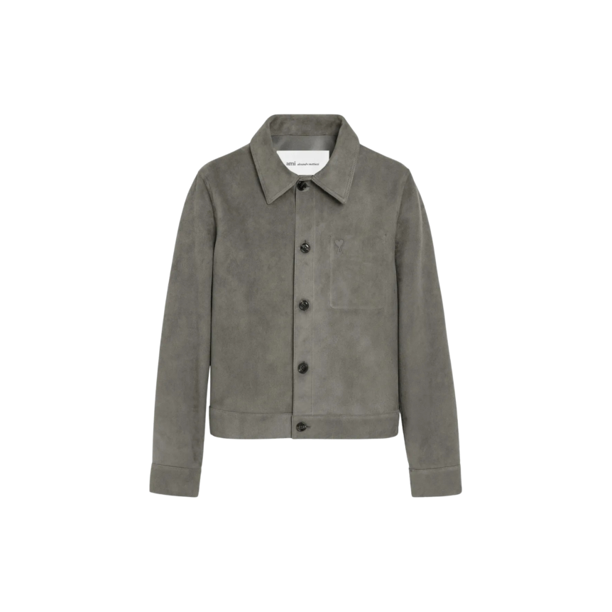Veste boutonnée AMI Paris cuir daim gris logo coeur