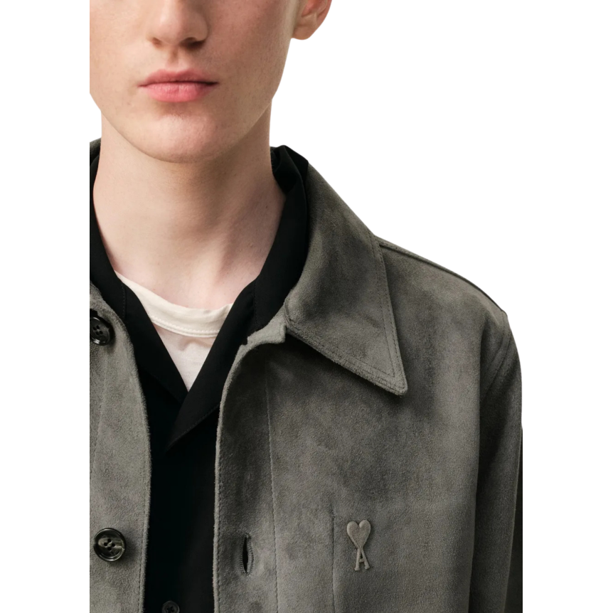 Veste boutonnée AMI Paris cuir daim gris logo coeur