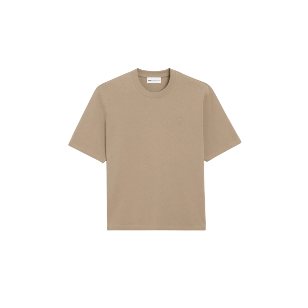 AMI Paris T-shirt col rond jersey coton épais beige taupe cœur embossé