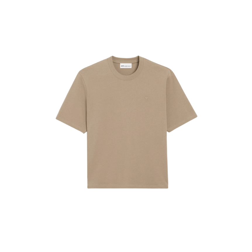 AMI Paris T-shirt col rond jersey coton épais beige taupe cœur embossé