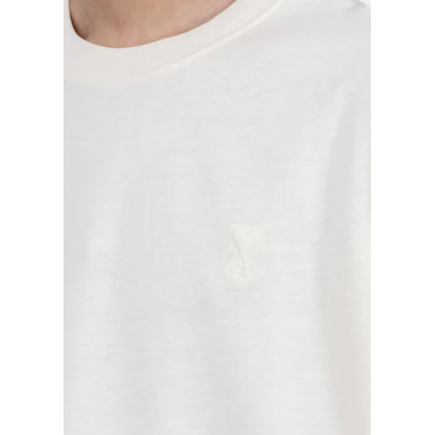 T-shirt col rond AMI Paris jersey coton épais écru cœur embossé