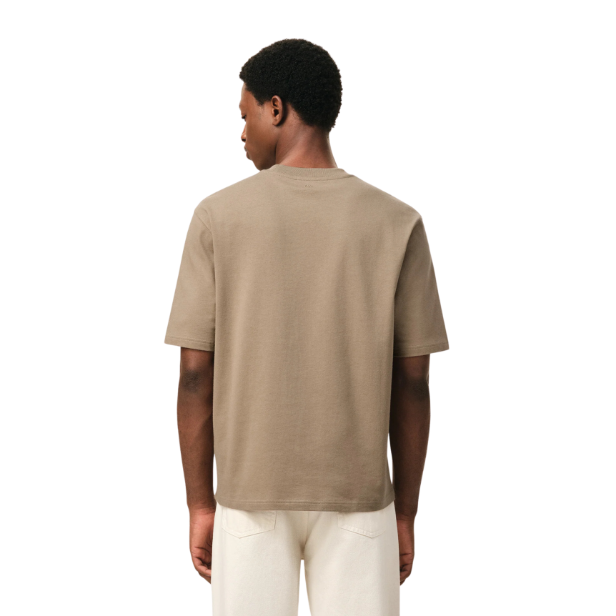 AMI Paris T-shirt col rond jersey coton épais beige taupe cœur embossé