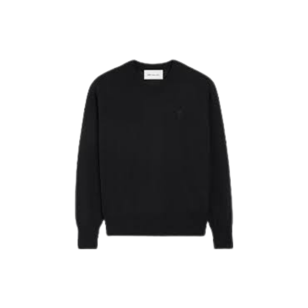 Pull col rond AMI Paris maille laine mérinos extrafine noir gros cœur noir