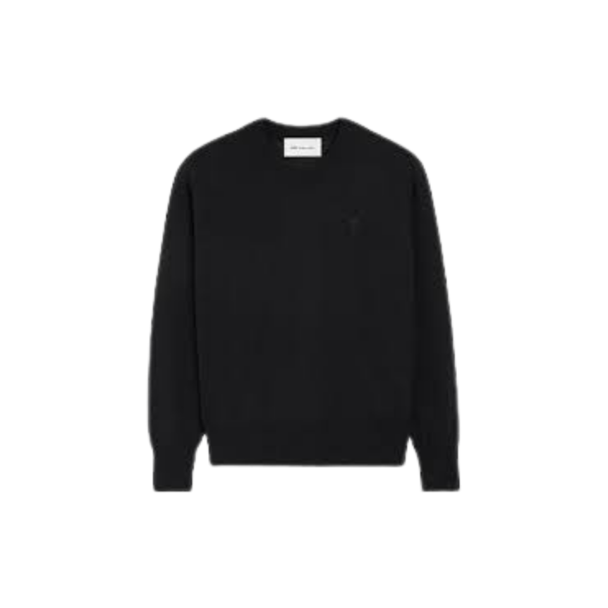 Pull col rond AMI Paris maille laine mérinos extrafine noir gros cœur noir