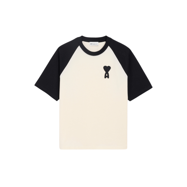T-shirt manche courte AMI Paris bicolore jersey coton épais écru noir broderie coeur noir