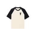 T-shirt manche courte bicolore jersey coton épais écru noir broderie coeur noir