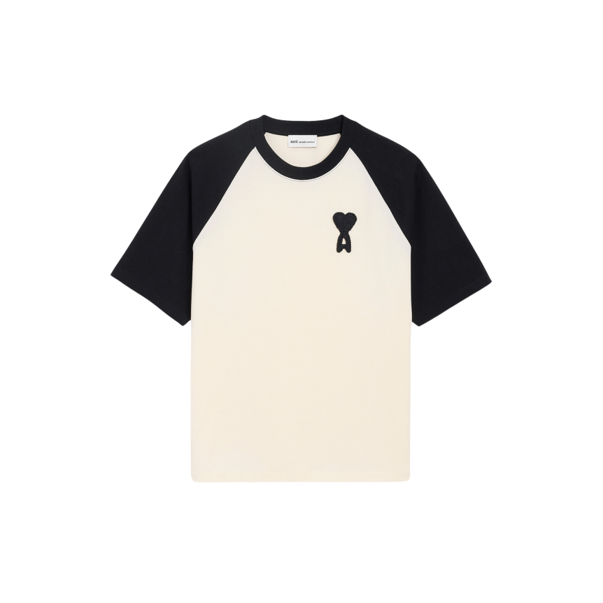T-shirt manche courte AMI Paris bicolore jersey coton épais écru noir broderie coeur noir