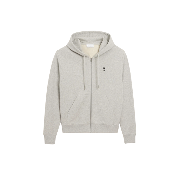 Sweat-shirt zippé à capuche AMI Paris Hoodie molleton coton gris cœur noir