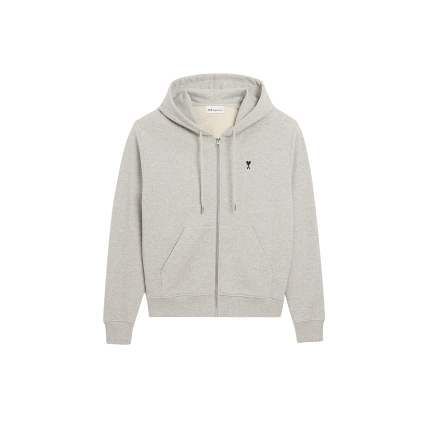 Sweat-shirt zippé à capuche AMI Paris Hoodie molleton coton gris cœur noir