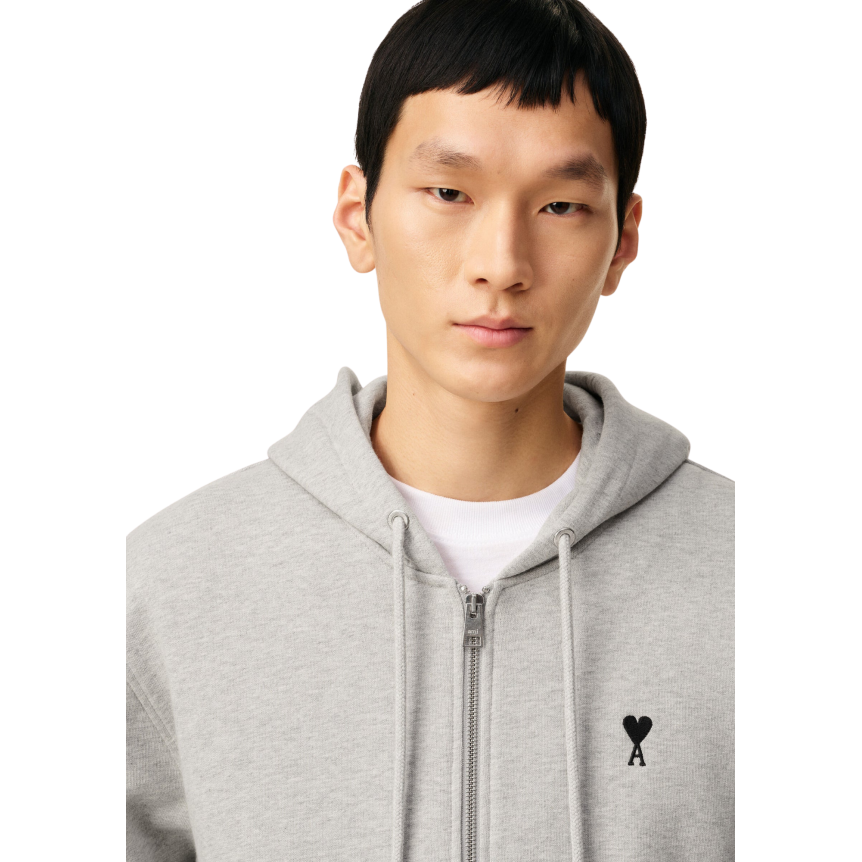 Sweat-shirt zippé à capuche AMI Paris Hoodie molleton coton gris cœur noir