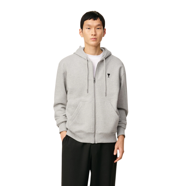 Sweat-shirt zippé à capuche AMI Paris Hoodie molleton coton gris cœur noir