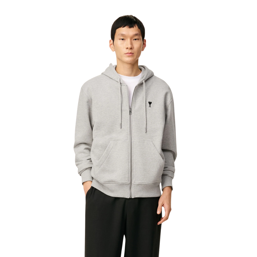 Sweat-shirt zippé à capuche AMI Paris Hoodie molleton coton gris cœur noir