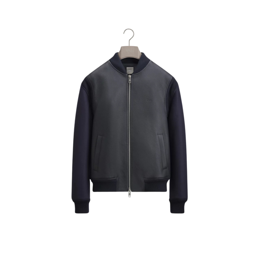 Blouson zippé DIOR bomber cuir vachette bleu marine
