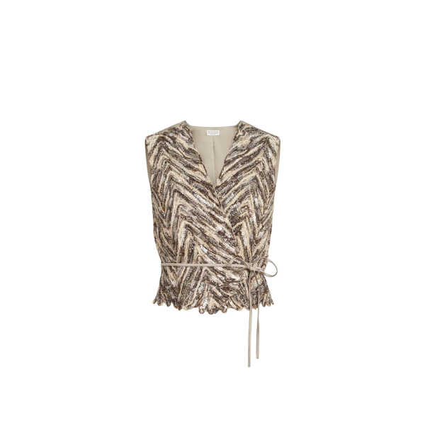 Gilet BRUNELLO CUCINELLI lin et soie beige marron broderie chevron brillant