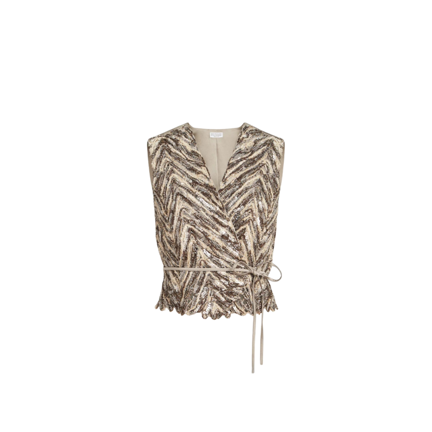Gilet BRUNELLO CUCINELLI lin et soie beige marron broderie chevron brillant