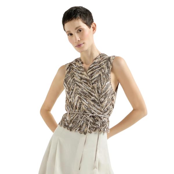 Gilet BRUNELLO CUCINELLI lin et soie beige marron broderie chevron brillant
